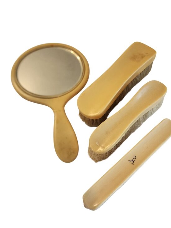 None Accessories - Celluloid Antique French Ivory Handheld Mirror & Cleaning Brushes
